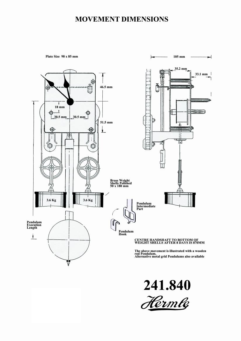Габаритные размеры и схема установки  в корпус часов часового механизма Hermle 241-840 